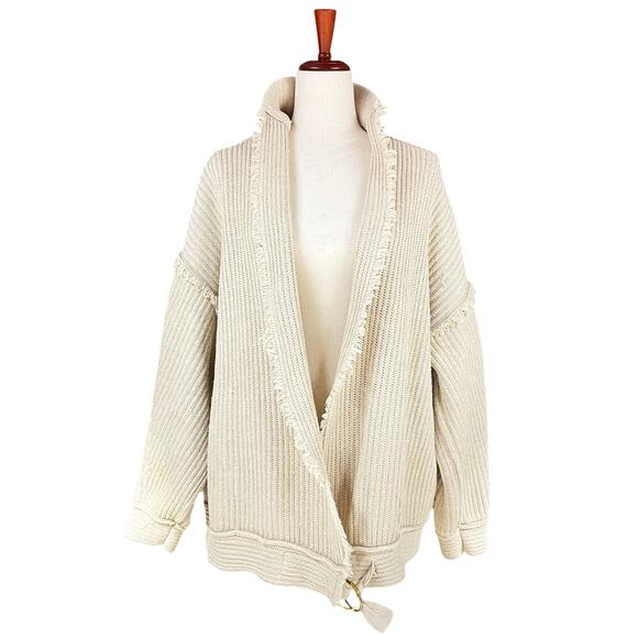FREE PEOPLE Boho Oversized Fringed Heavy Ribbed Open Shawl Cardigan Size M Cream - Picture 1 of 10